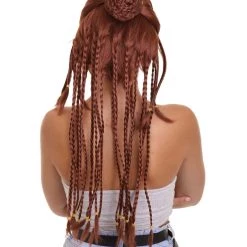 HPO Women's Long Length No Part Brown Braided Cosplay Wig | Premium Breathable Capless Cap