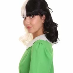 HPO Women's Shoulder Length Contrasting Two Tone Cruel And Evil Wig - Pure White And Jet Black Hair - Capless Cap Design