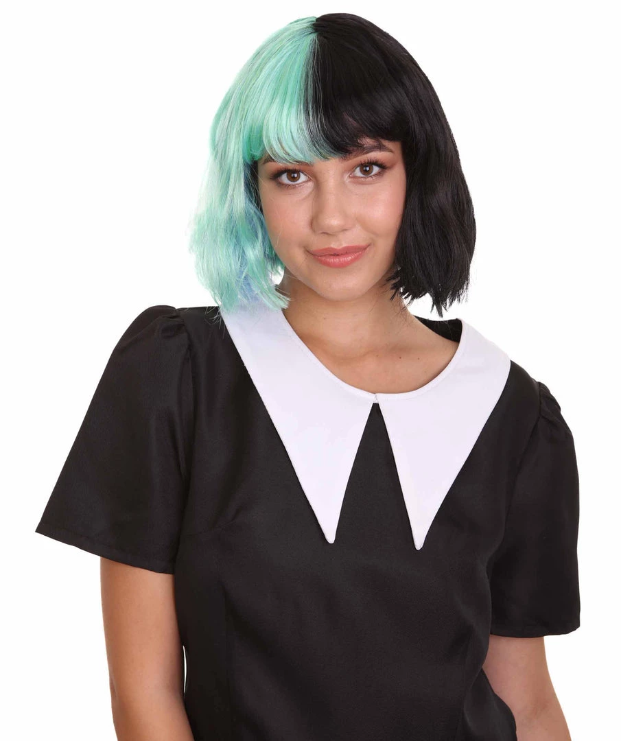 HPO Women's Shoulder Length Contrasting Two Tone Artist Wig - Soft Mint Green And Jet Black Hair - Capless Cap Design
