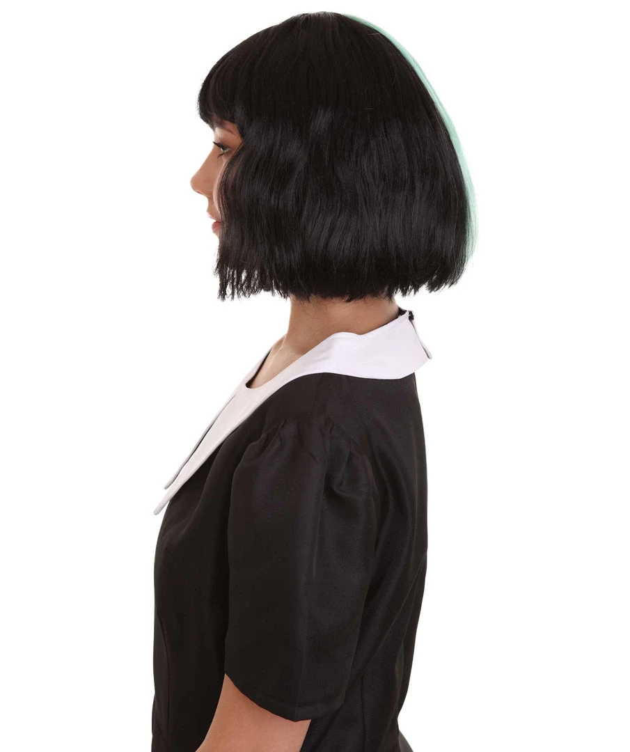 HPO Women's Shoulder Length Contrasting Two Tone Artist Wig - Soft Mint Green And Jet Black Hair - Capless Cap Design