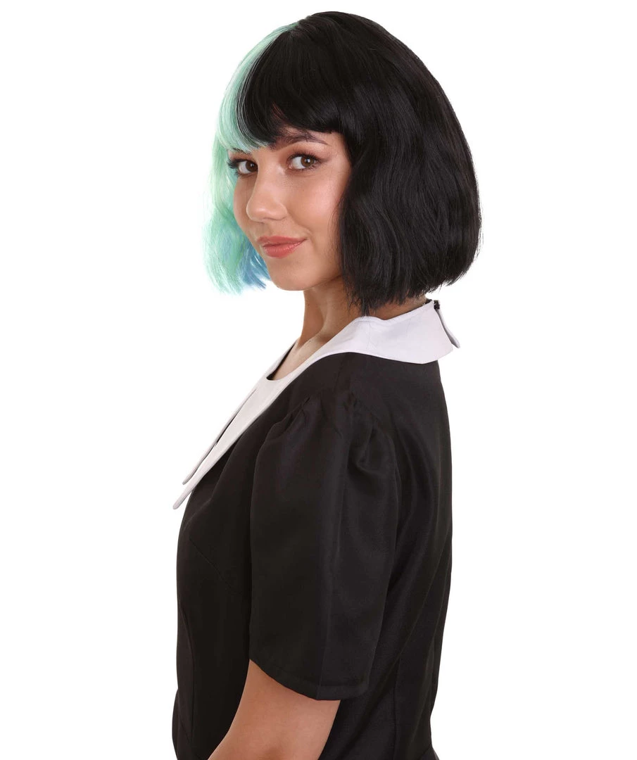 HPO Women's Shoulder Length Contrasting Two Tone Artist Wig - Soft Mint Green And Jet Black Hair - Capless Cap Design