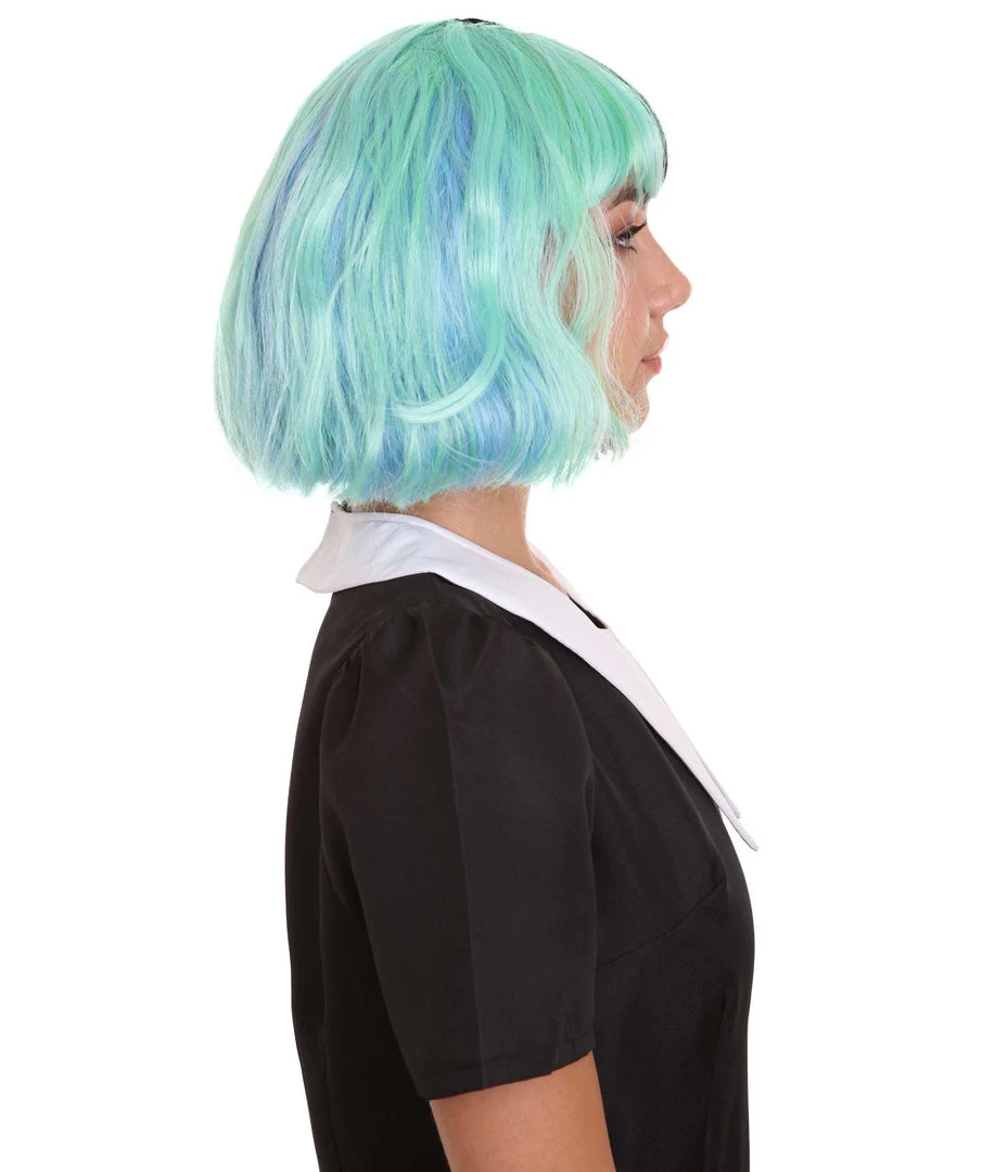 HPO Women's Shoulder Length Contrasting Two Tone Artist Wig - Soft Mint Green And Jet Black Hair - Capless Cap Design