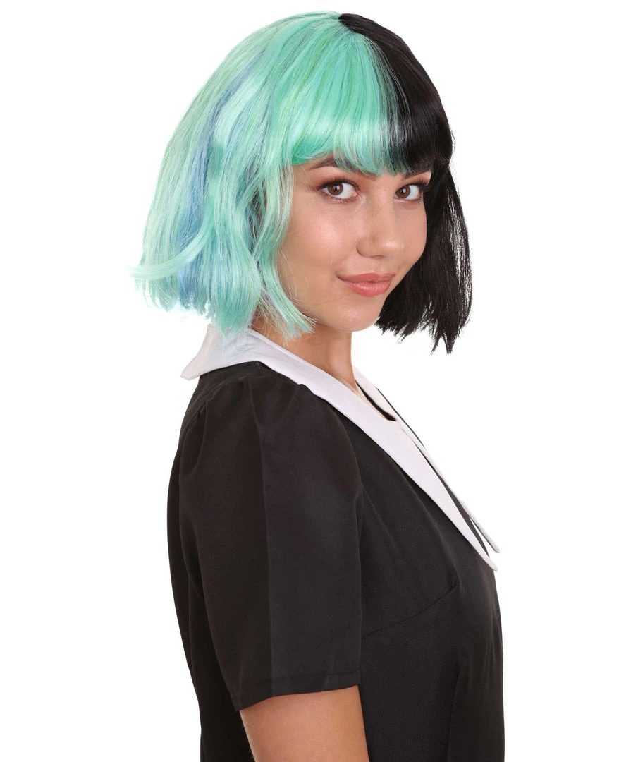 HPO Women's Shoulder Length Contrasting Two Tone Artist Wig - Soft Mint Green And Jet Black Hair - Capless Cap Design