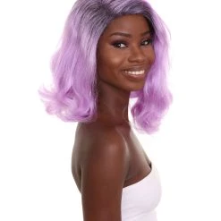 HPO Women's Shoulder Length Electric Purple Fashion Blogger Wig - Purple Hair With Dark Roots - Capless Cap Design