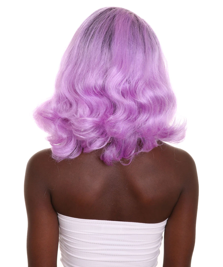 HPO Women's Shoulder Length Electric Purple Fashion Blogger Wig - Purple Hair With Dark Roots - Capless Cap Design