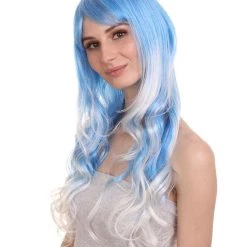 HPO Men's Long Wavy Blue And White Ombre Womens Wig | Fancy Party Event Ready Halloween Wig | Premium Breathable Capless Cap