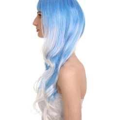 HPO Men's Long Wavy Blue And White Ombre Womens Wig | Fancy Party Event Ready Halloween Wig | Premium Breathable Capless Cap