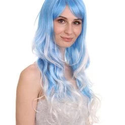 HPO Men's Long Wavy Blue And White Ombre Womens Wig | Fancy Party Event Ready Halloween Wig | Premium Breathable Capless Cap
