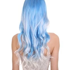 HPO Men's Long Wavy Blue And White Ombre Womens Wig | Fancy Party Event Ready Halloween Wig | Premium Breathable Capless Cap