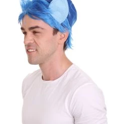 HPO Men's Medium Length Middle Part Blue Straight Wig With Blue Ears