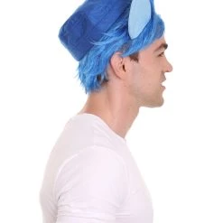 HPO Men's Medium Length Middle Part Blue Straight Wig With Blue Ears