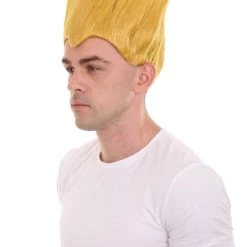 HPO Men's Fighter Game | Mens Short Length Electric Yellow Straight Spiked Cosplay Wig