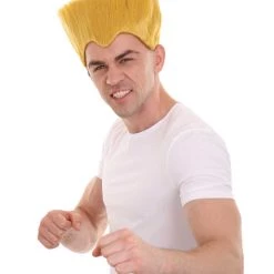 HPO Men's Fighter Game | Mens Short Length Electric Yellow Straight Spiked Cosplay Wig