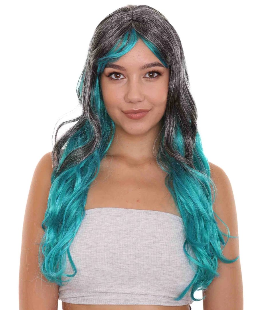 HPO Long Two Tone Curly Womens Wig | Grey/Blue Wig | Premium Breathable Capless Cap Men's