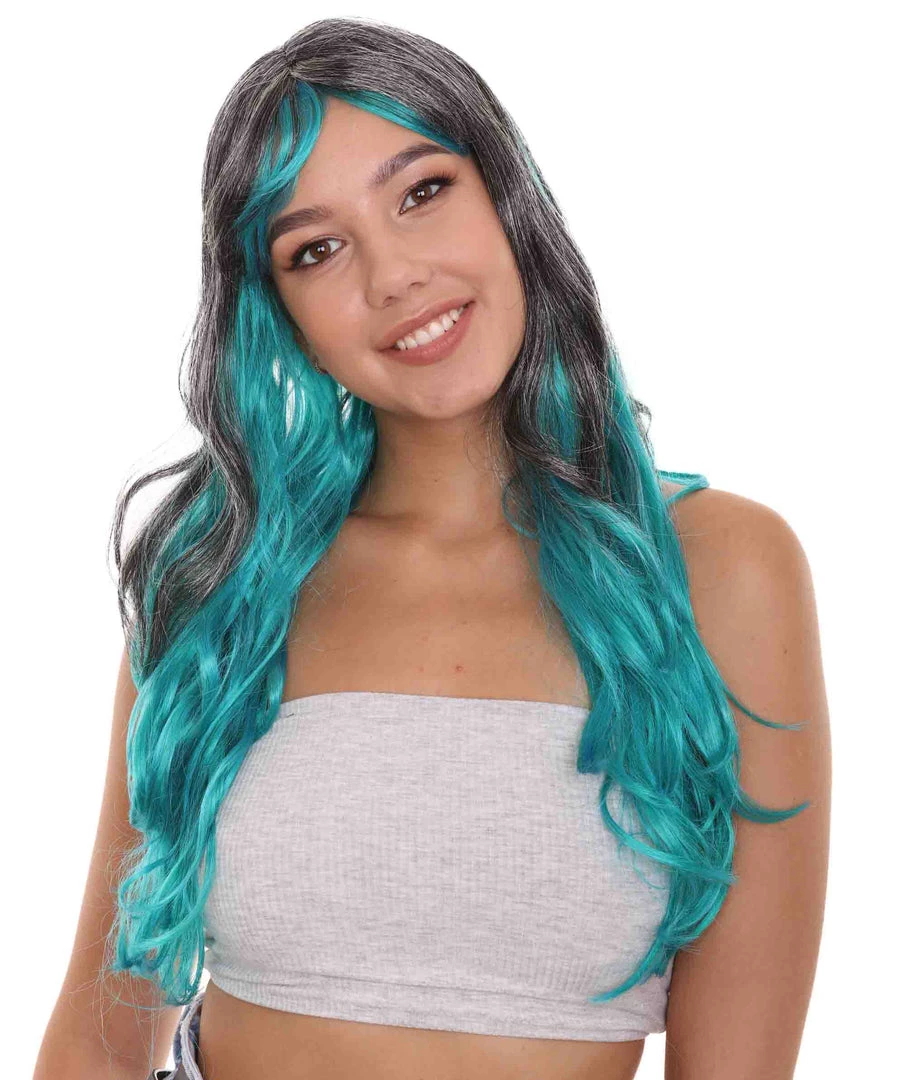 HPO Long Two Tone Curly Womens Wig | Grey/Blue Wig | Premium Breathable Capless Cap Men's