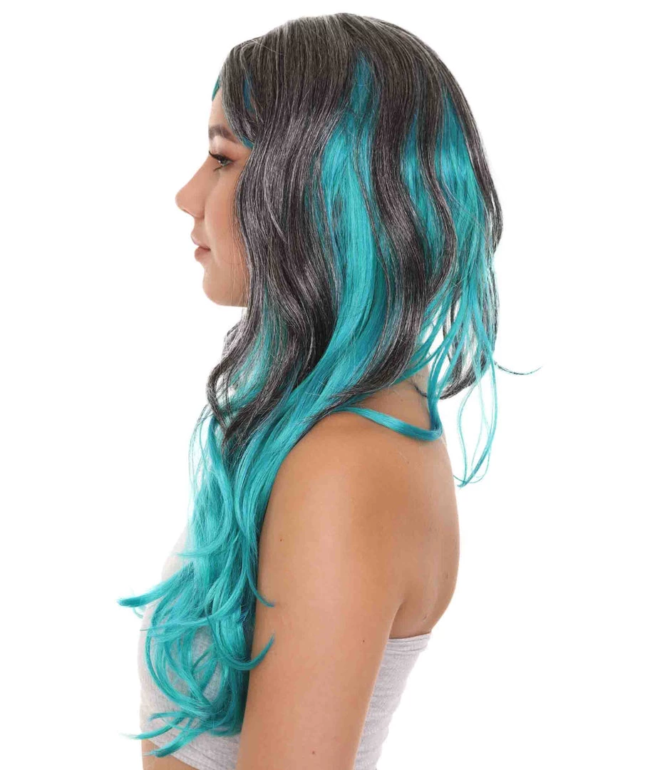 HPO Long Two Tone Curly Womens Wig | Grey/Blue Wig | Premium Breathable Capless Cap Men's