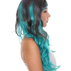 HPO Long Two Tone Curly Womens Wig | Grey/Blue Wig | Premium Breathable Capless Cap Men's