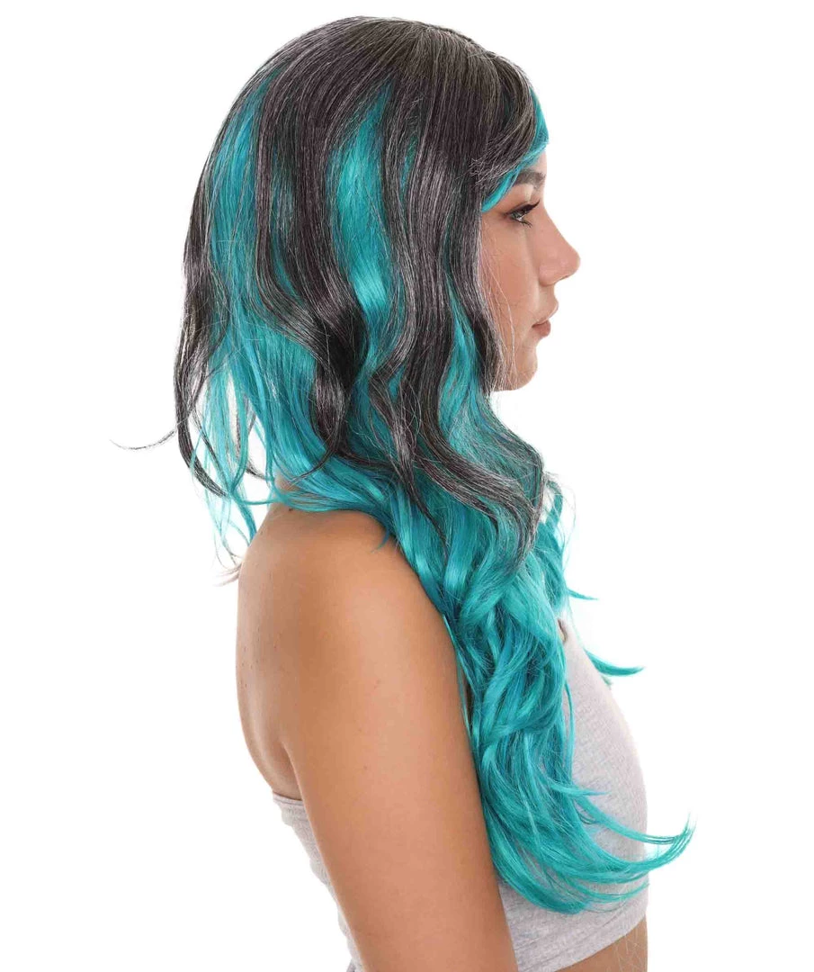HPO Long Two Tone Curly Womens Wig | Grey/Blue Wig | Premium Breathable Capless Cap Men's