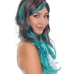 HPO Long Two Tone Curly Womens Wig | Grey/Blue Wig | Premium Breathable Capless Cap Men's