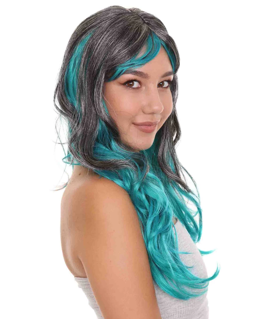 HPO Long Two Tone Curly Womens Wig | Grey/Blue Wig | Premium Breathable Capless Cap Men's