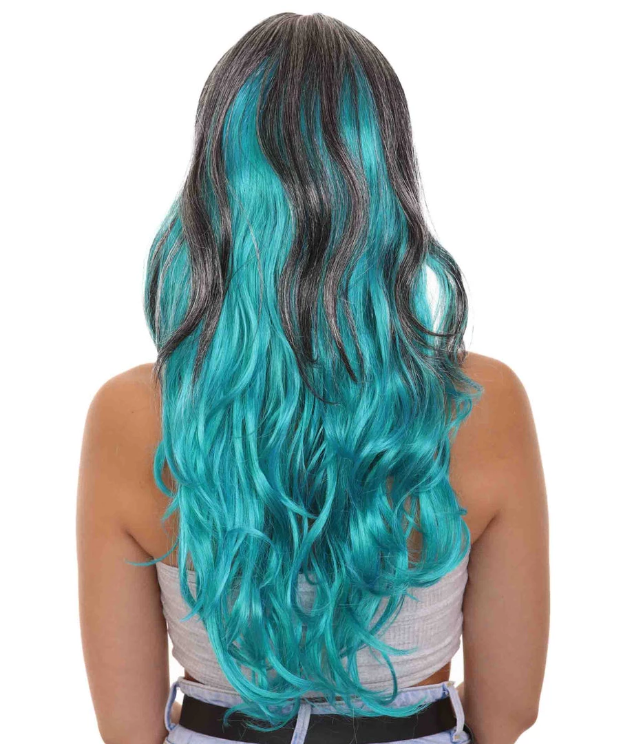 HPO Long Two Tone Curly Womens Wig | Grey/Blue Wig | Premium Breathable Capless Cap Men's
