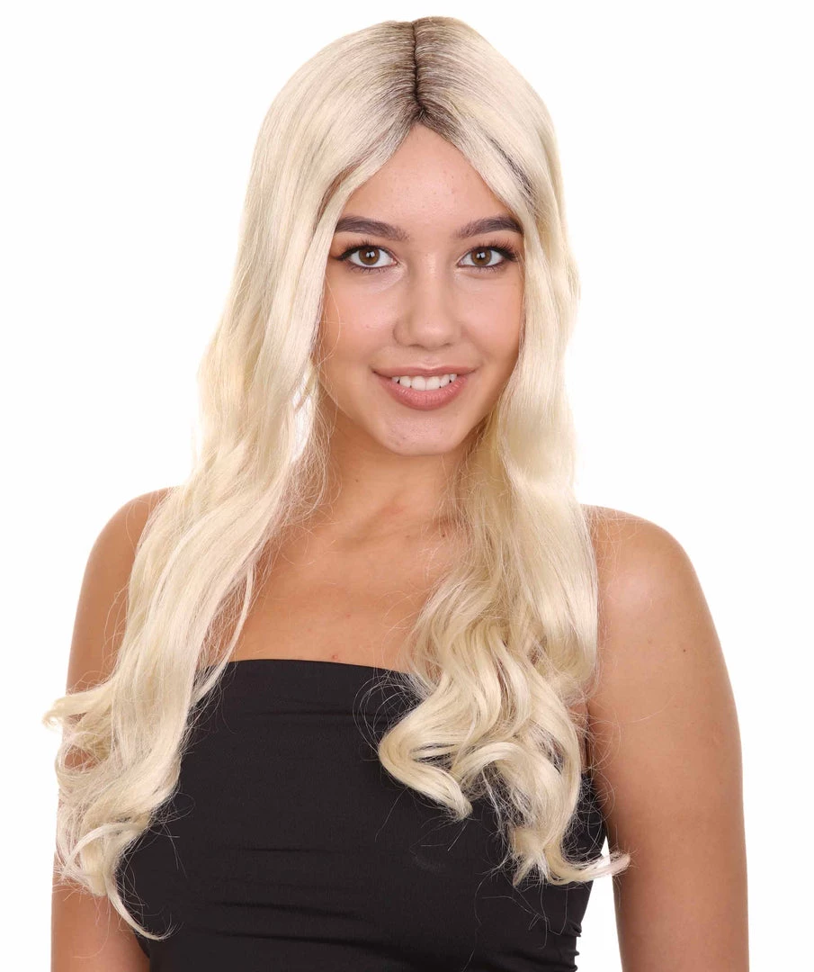HPO Women's Medium Length Blonde Make Up Artist Wig - Long Blonde Hair With Dark Roots - Capless Cap Design
