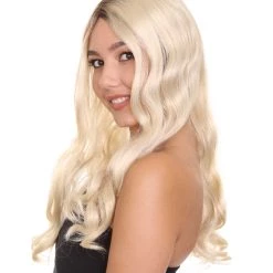HPO Women's Medium Length Blonde Make Up Artist Wig - Long Blonde Hair With Dark Roots - Capless Cap Design
