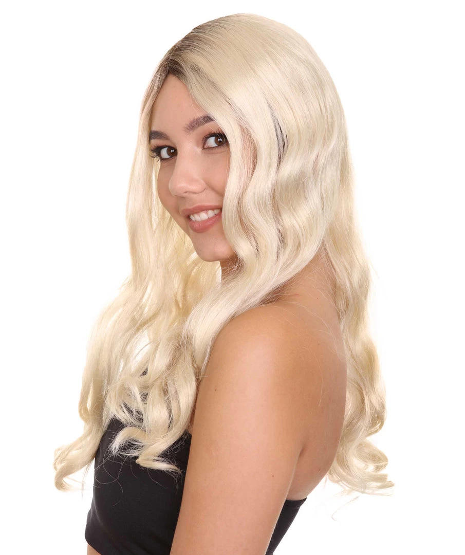 HPO Women's Medium Length Blonde Make Up Artist Wig - Long Blonde Hair With Dark Roots - Capless Cap Design