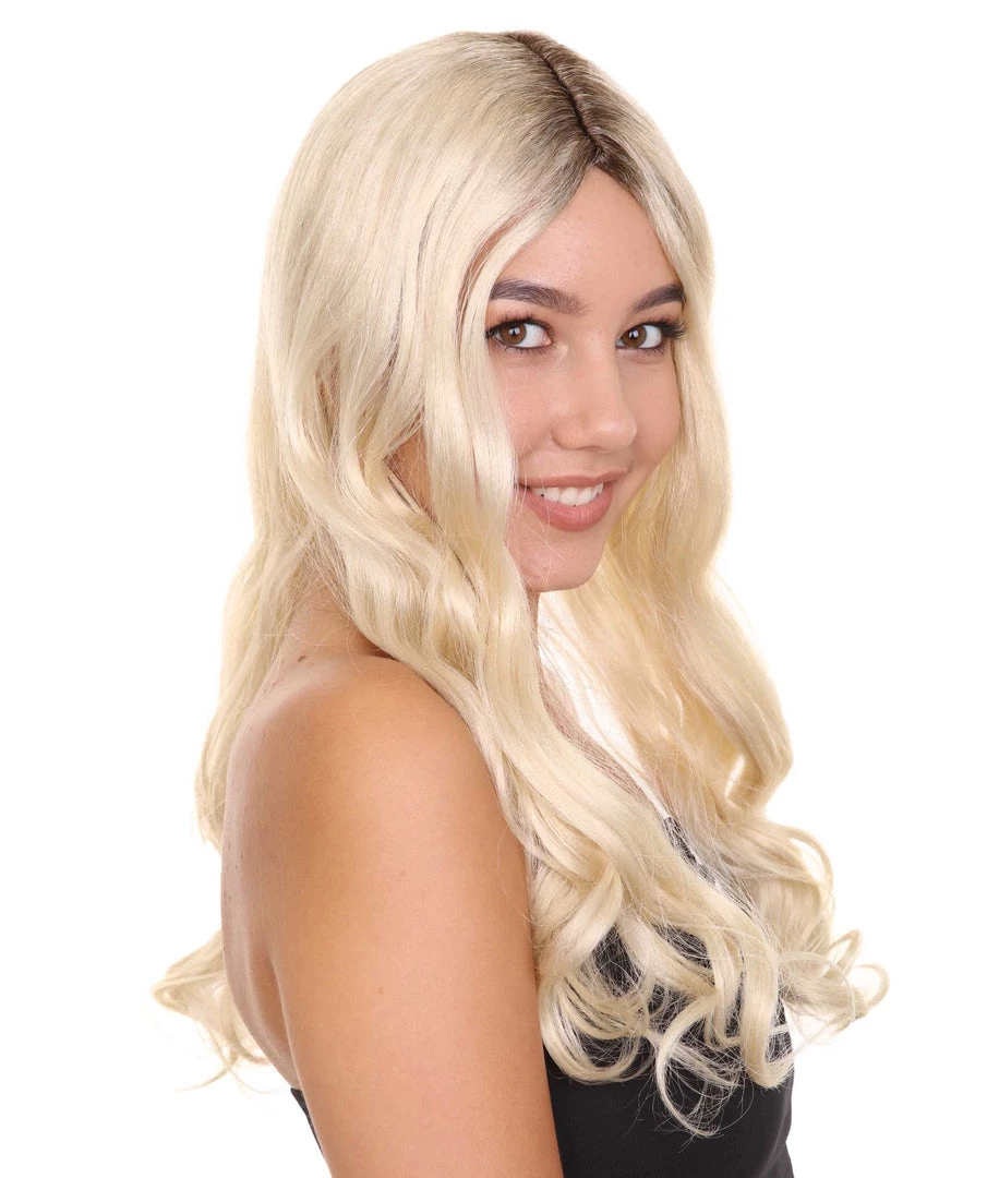 HPO Women's Medium Length Blonde Make Up Artist Wig - Long Blonde Hair With Dark Roots - Capless Cap Design
