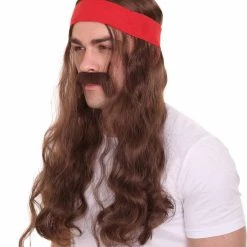 HPO Mens Pirate Wig And Moustache | Brown Long Wig | Premium Breathable Capless Cap Men's
