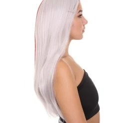 KOSMOS CW Women's Long Two Tone 25' Silver And Red Synthetic Anime Wig - Capless Cap Heat Resistant Fibers - Bob Style With Pointy Bangs