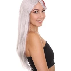 KOSMOS CW Women's Long Two Tone 25' Silver And Red Synthetic Anime Wig - Capless Cap Heat Resistant Fibers - Bob Style With Pointy Bangs