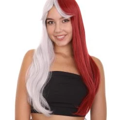 KOSMOS CW Women's Long Two Tone 25' Silver And Red Synthetic Anime Wig - Capless Cap Heat Resistant Fibers - Bob Style With Pointy Bangs