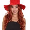 HPO Womens Long Length Brown Curly Cosplay Wig With Red Fedora | Breathable Capless Cap Women's