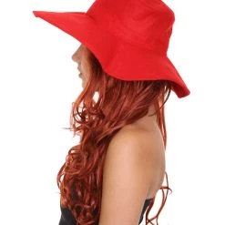 HPO Womens Long Length Brown Curly Cosplay Wig With Red Fedora | Breathable Capless Cap Women's