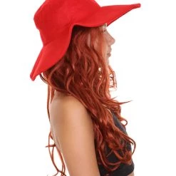 HPO Womens Long Length Brown Curly Cosplay Wig With Red Fedora | Breathable Capless Cap Women's