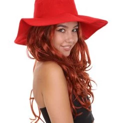 HPO Womens Long Length Brown Curly Cosplay Wig With Red Fedora | Breathable Capless Cap Women's