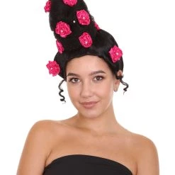 HPO Womens Pinned Up Bun Artist Wig - Long Black Hair With Pink Flowers - Capless Cap Design