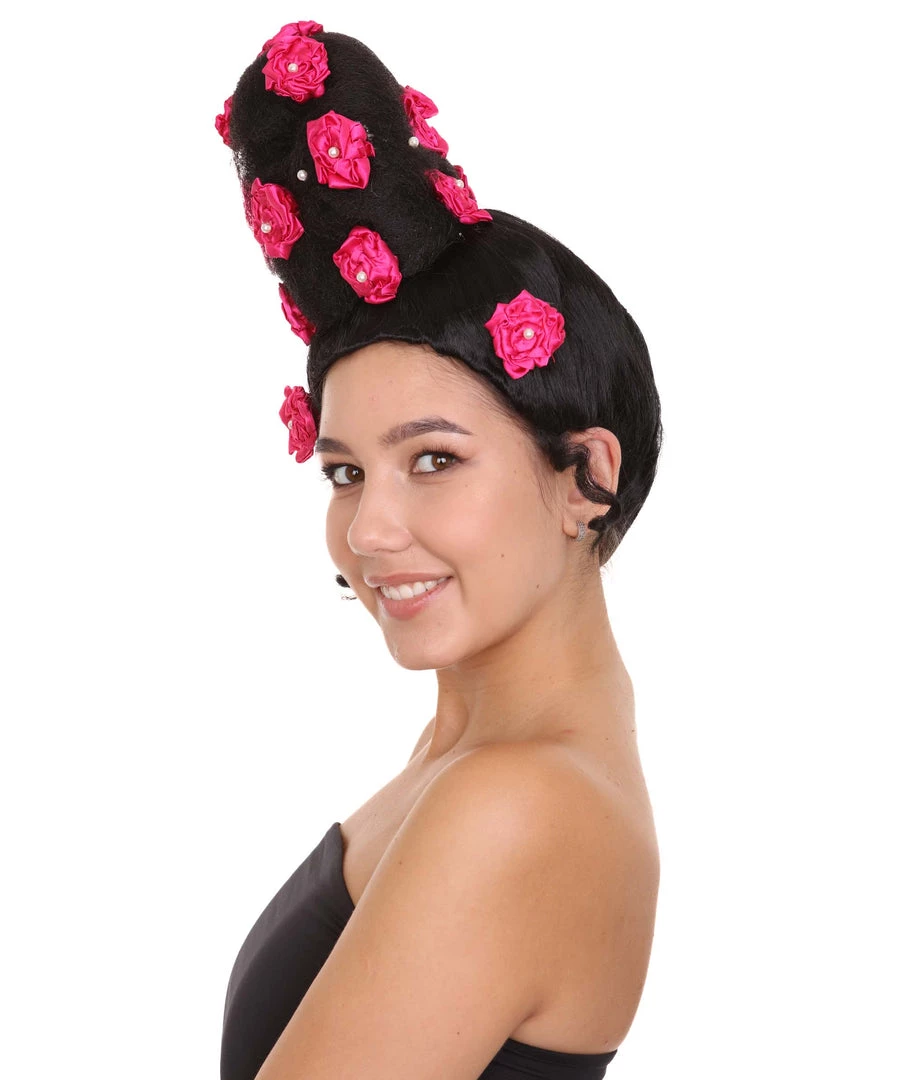 HPO Womens Pinned Up Bun Artist Wig - Long Black Hair With Pink Flowers - Capless Cap Design