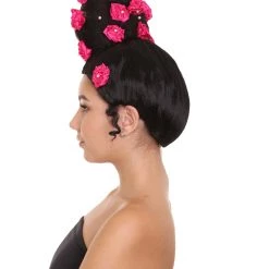 HPO Womens Pinned Up Bun Artist Wig - Long Black Hair With Pink Flowers - Capless Cap Design