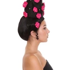 HPO Womens Pinned Up Bun Artist Wig - Long Black Hair With Pink Flowers - Capless Cap Design