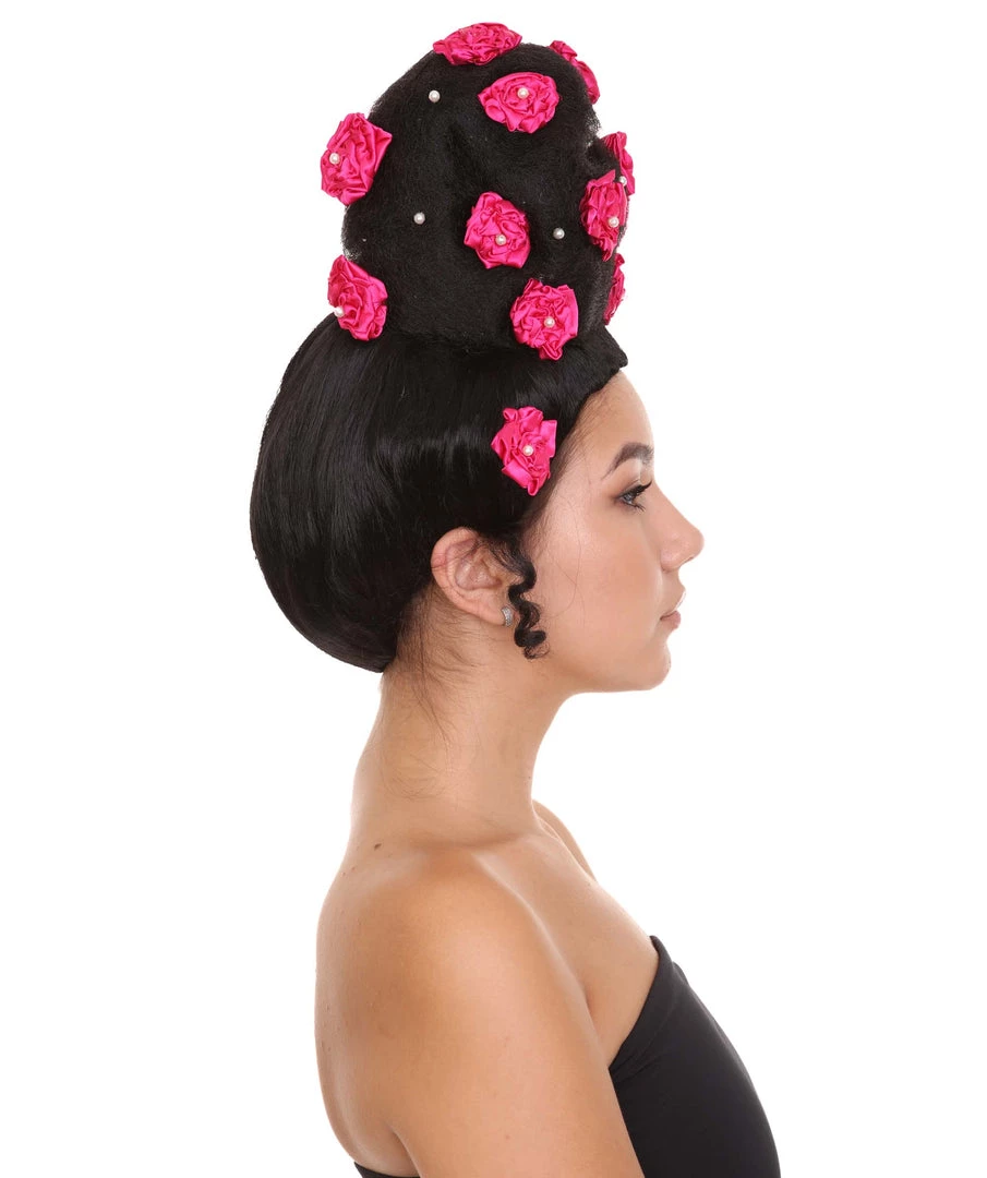 HPO Womens Pinned Up Bun Artist Wig - Long Black Hair With Pink Flowers - Capless Cap Design