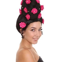 HPO Womens Pinned Up Bun Artist Wig - Long Black Hair With Pink Flowers - Capless Cap Design