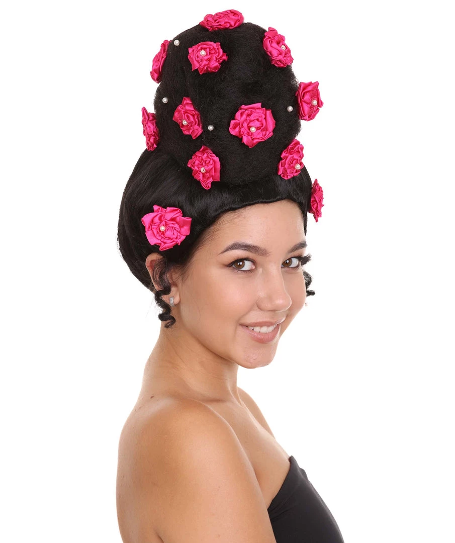 HPO Womens Pinned Up Bun Artist Wig - Long Black Hair With Pink Flowers - Capless Cap Design