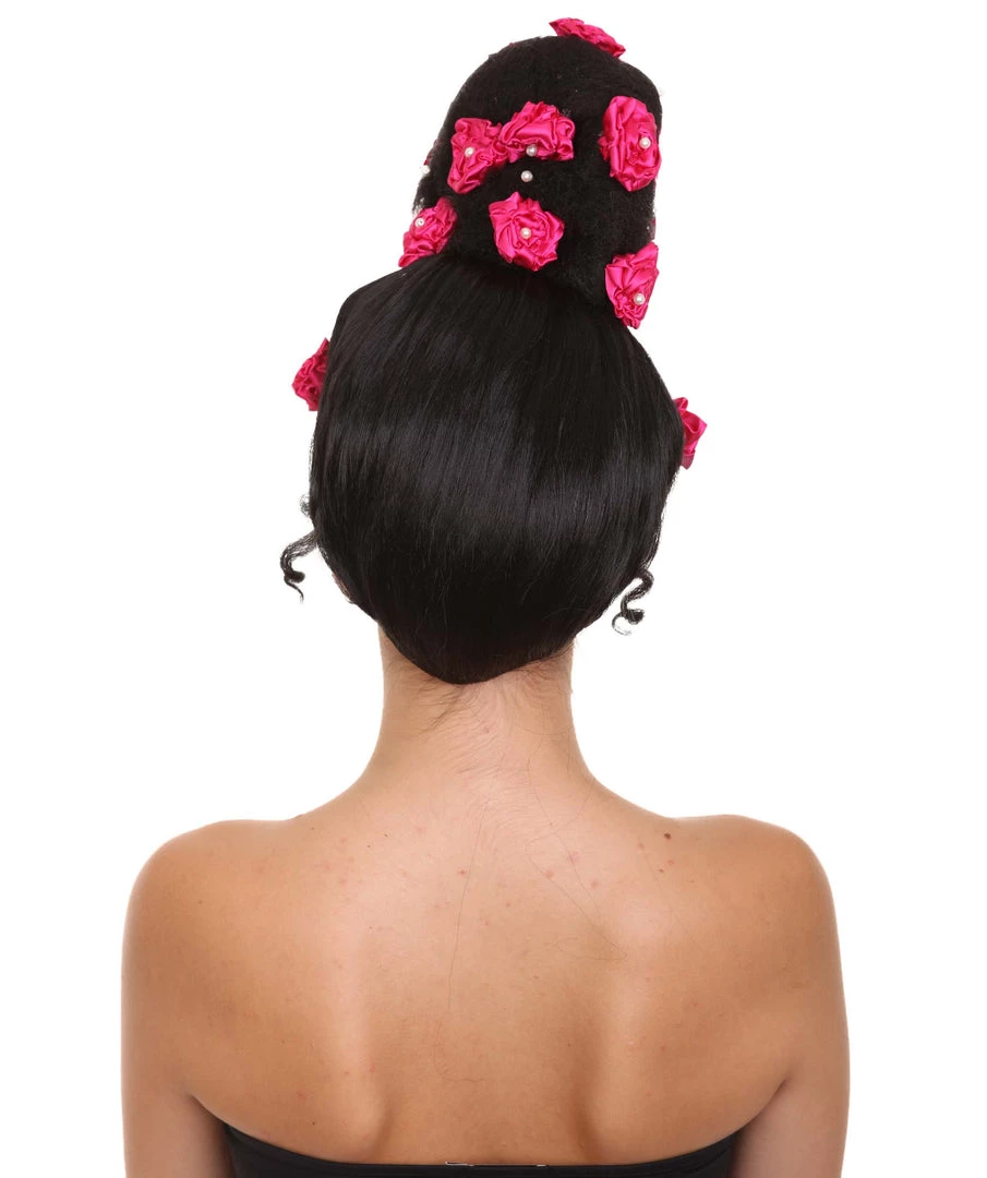 HPO Womens Pinned Up Bun Artist Wig - Long Black Hair With Pink Flowers - Capless Cap Design
