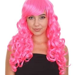 HPO Long Curly Party Pink Womens Wig | Stage Event Party Ready Colorful Wig | Premium Breathable Capless Cap