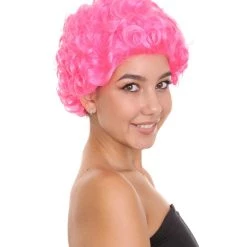 HPO Short Curly Pink Womens Wig | All Back Party Ready Fancy Cosplay Halloween Wig | Premium Breathable Capless Cap Men's