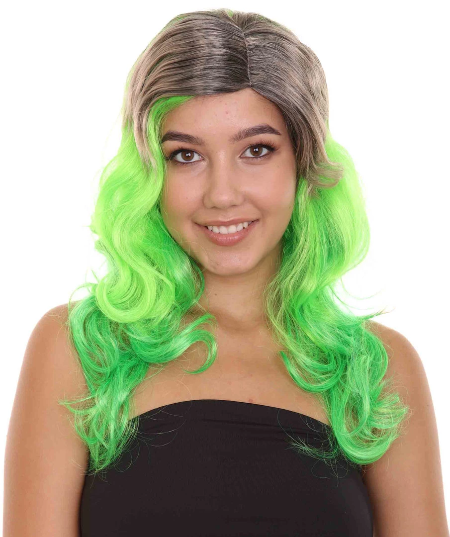 HPO Women's Long Wavy Ombre Green Womens Wig | Fancy Party Event Ready Halloween Wig | Premium Breathable Capless Cap