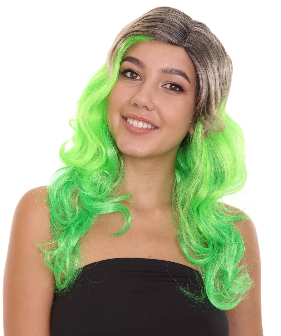 HPO Women's Long Wavy Ombre Green Womens Wig | Fancy Party Event Ready Halloween Wig | Premium Breathable Capless Cap