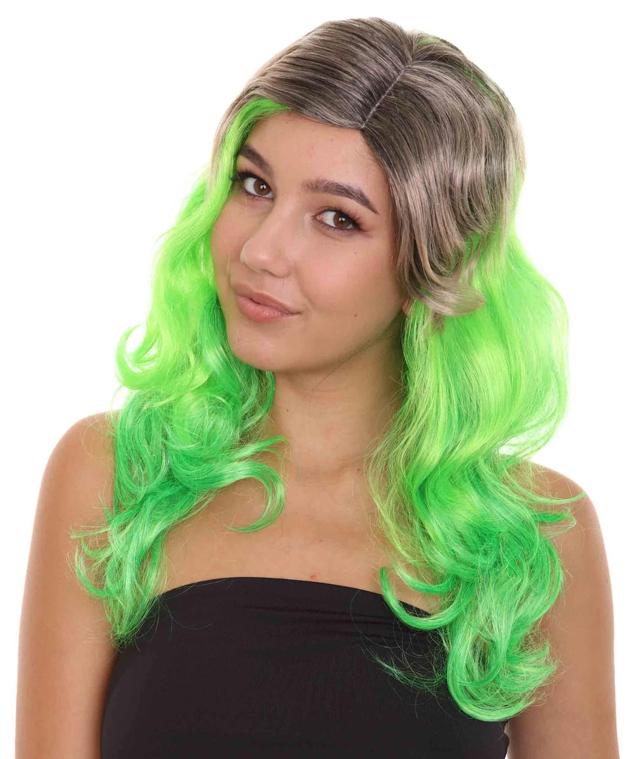 HPO Women's Long Wavy Ombre Green Womens Wig | Fancy Party Event Ready Halloween Wig | Premium Breathable Capless Cap
